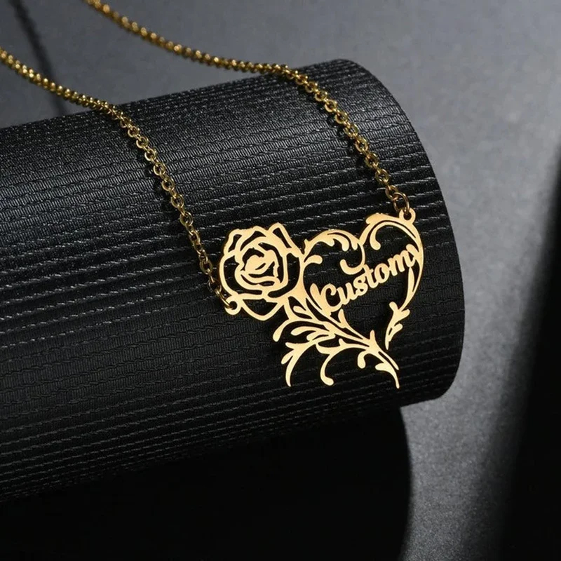 Birth Flower Necklace - Kalung jimat hati mawar nama kustom